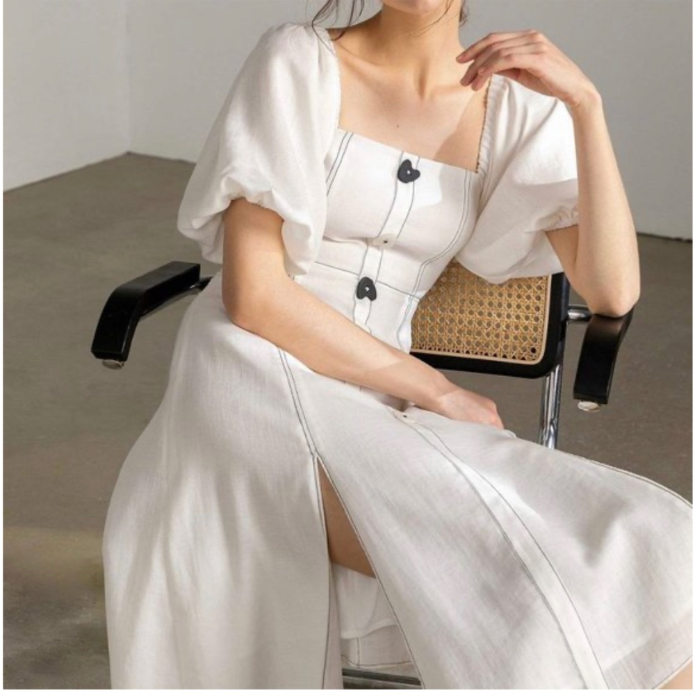 J.ING Kendra White Lantern Puff Sleeve Dress Vacation Travel Cafe Weekend Vibes